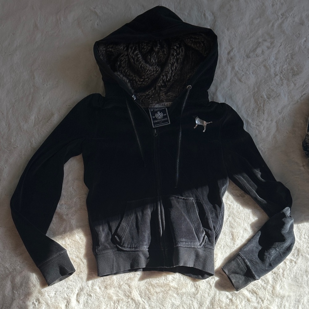 PINK Victoria's Secret Black Faux Fur Hoodie